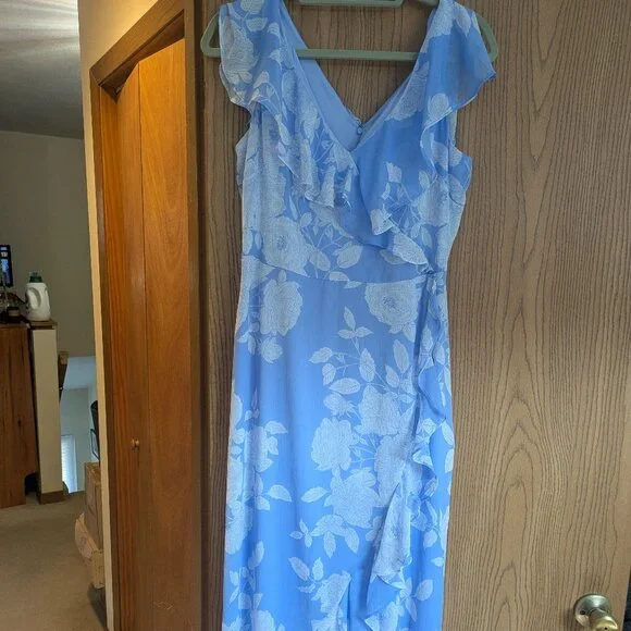 Women's London Times Ruffled Maxi Dress, Size: 10, Light Blue White